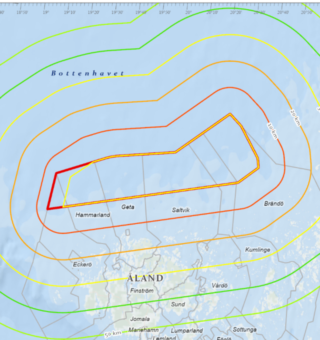 Planområdet och vindkraftsområdet för Sunnanvind, samt kommungränser på Åland. 